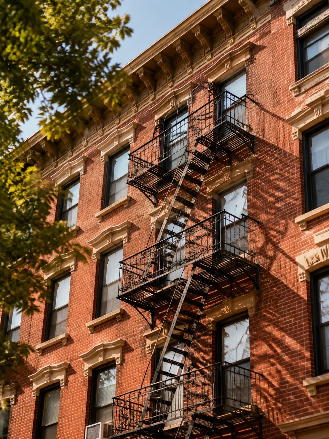 Editorial illustration of a sunlit brick apartment building and its fire escapes