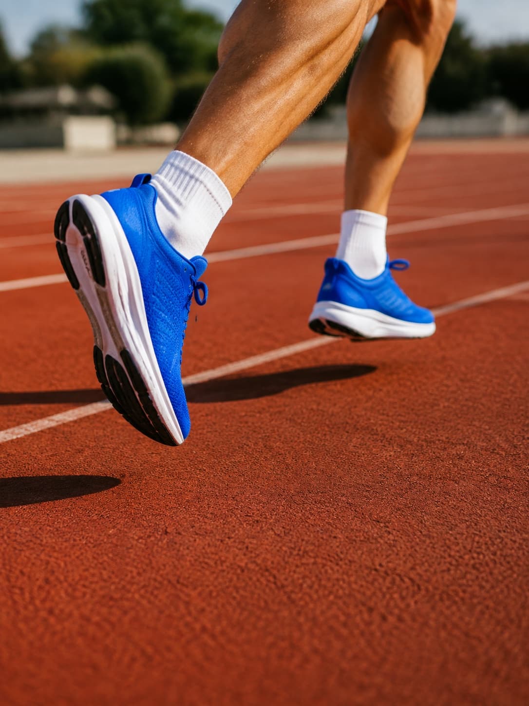 Editorial illustration of blue running shoes in stride on a red track
