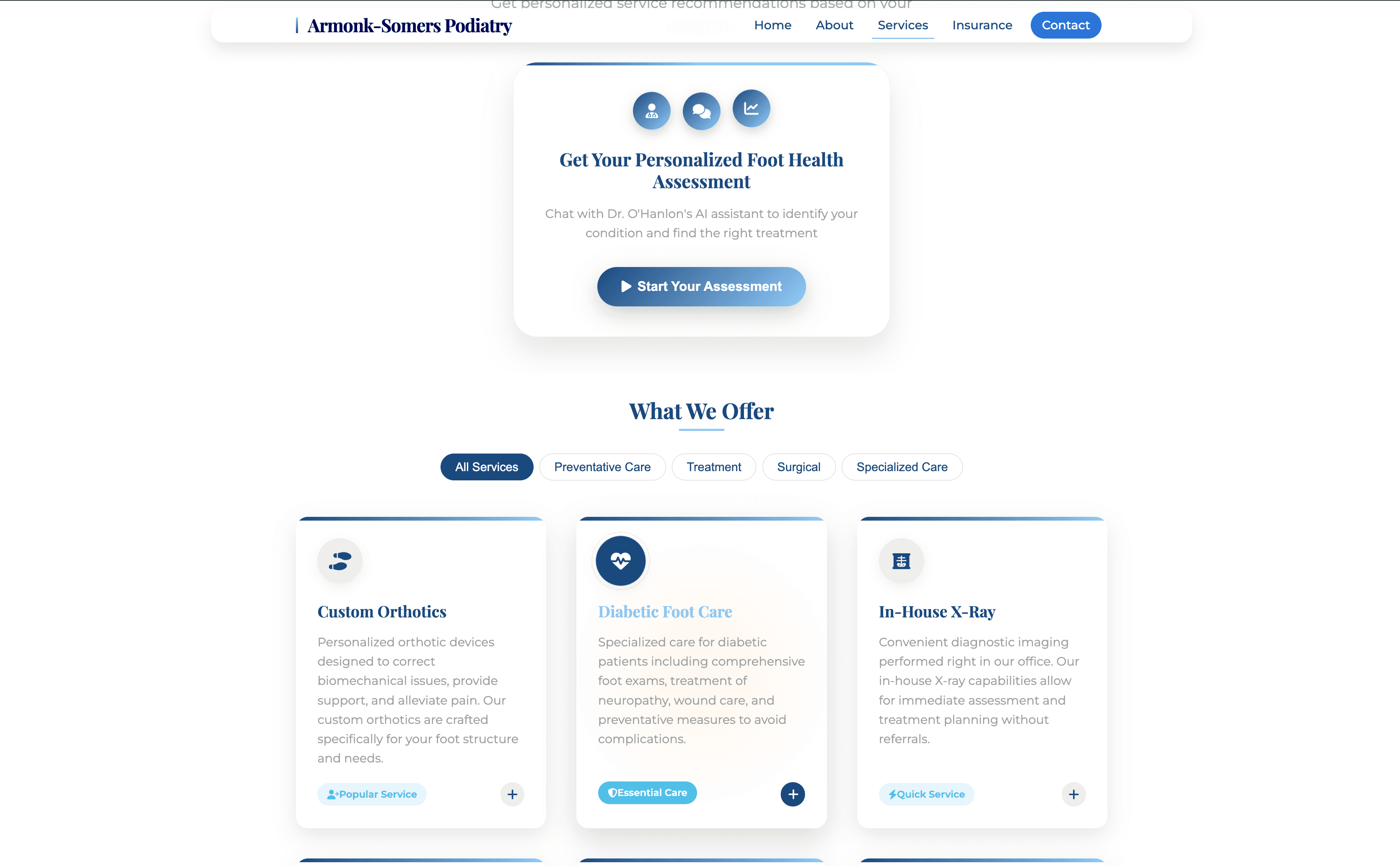 Services page featuring an AI-Powered Foot Health Assessment card that invites patients to chat with Dr. O'Hanlon's AI assistant to identify their condition and find the right treatment.